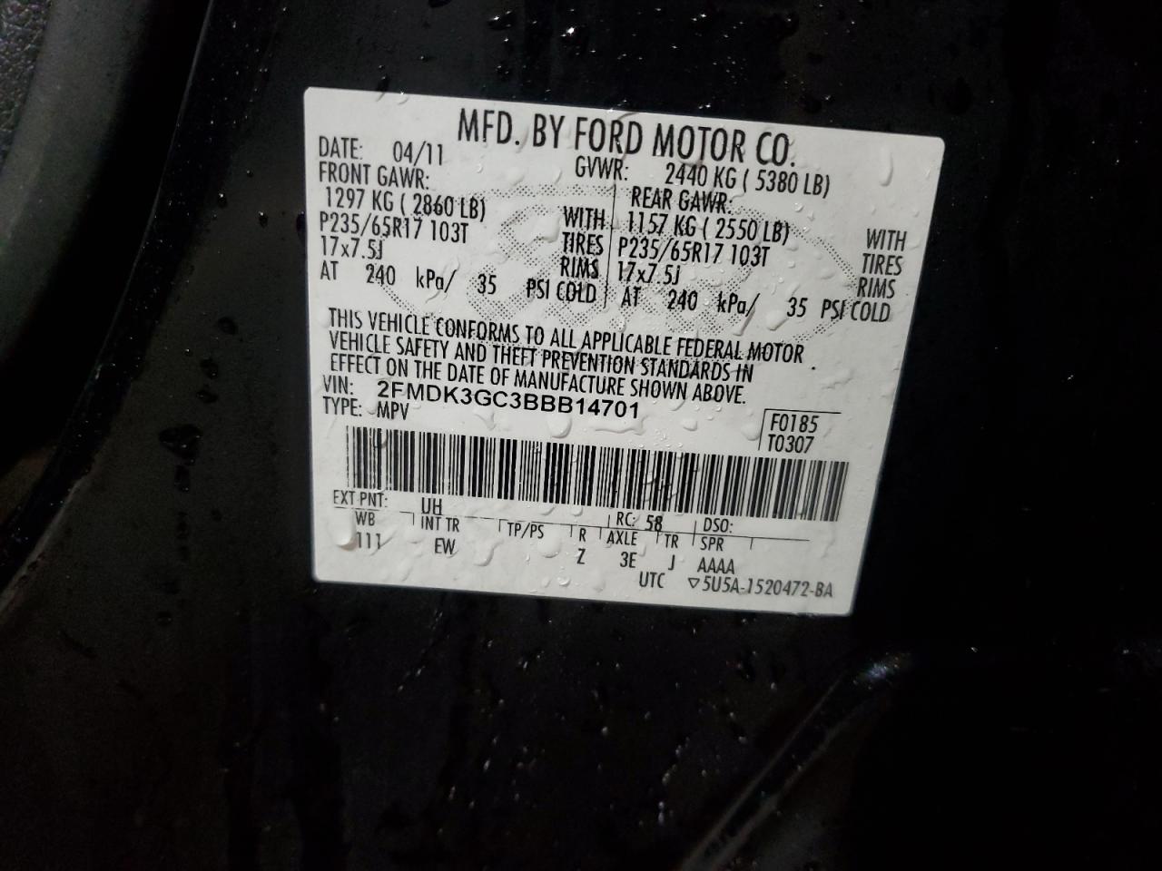 2011 Ford Edge Se VIN: 2FMDK3GC3BBB14701 Lot: 93212045