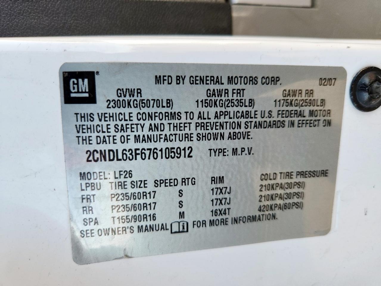 2007 Chevrolet Equinox Lt VIN: 2CNDL63F676105912 Lot: 91927165