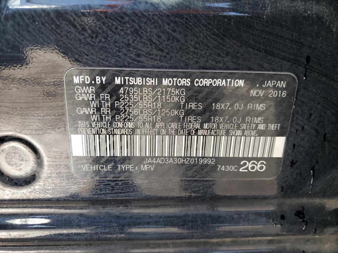 2017 Mitsubishi Outlander Se VIN: JA4AD3A30HZ019992 Lot: 92160255