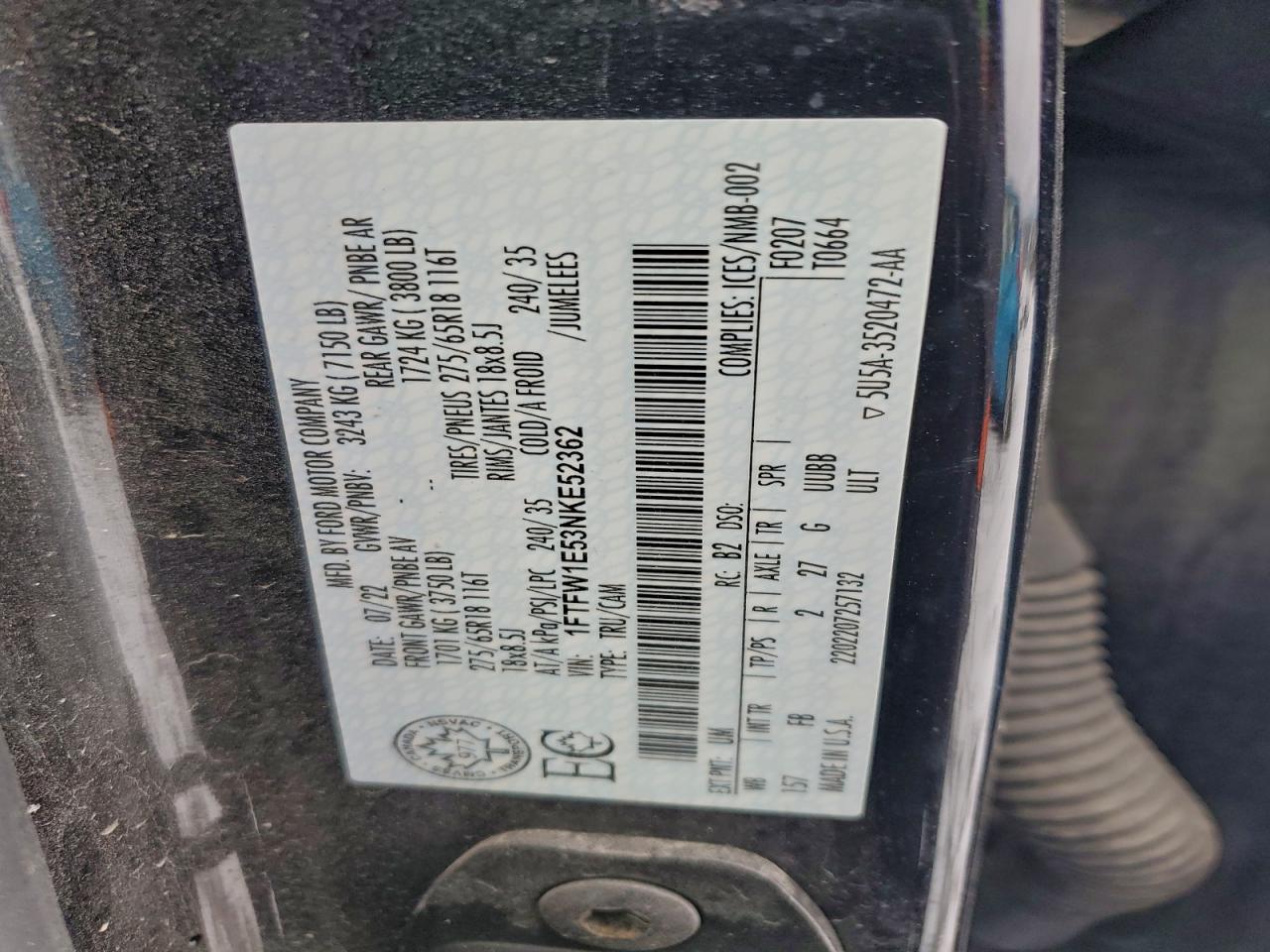 2022 Ford F150 Supercrew VIN: 1FTFW1E53NKE52362 Lot: 93789965