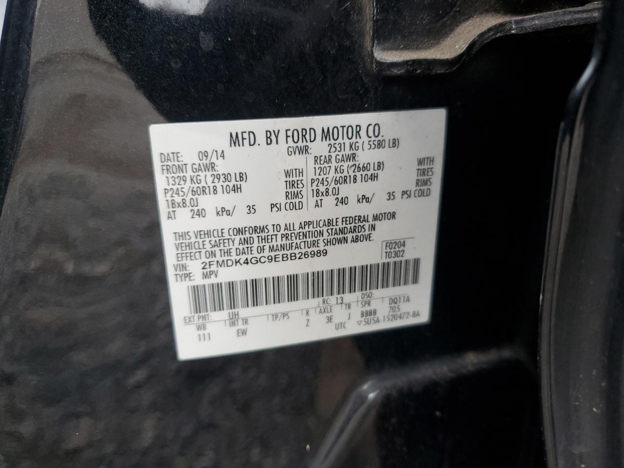 2014 Ford Edge Se VIN: 2FMDK4GC9EBB26989 Lot: 92282045