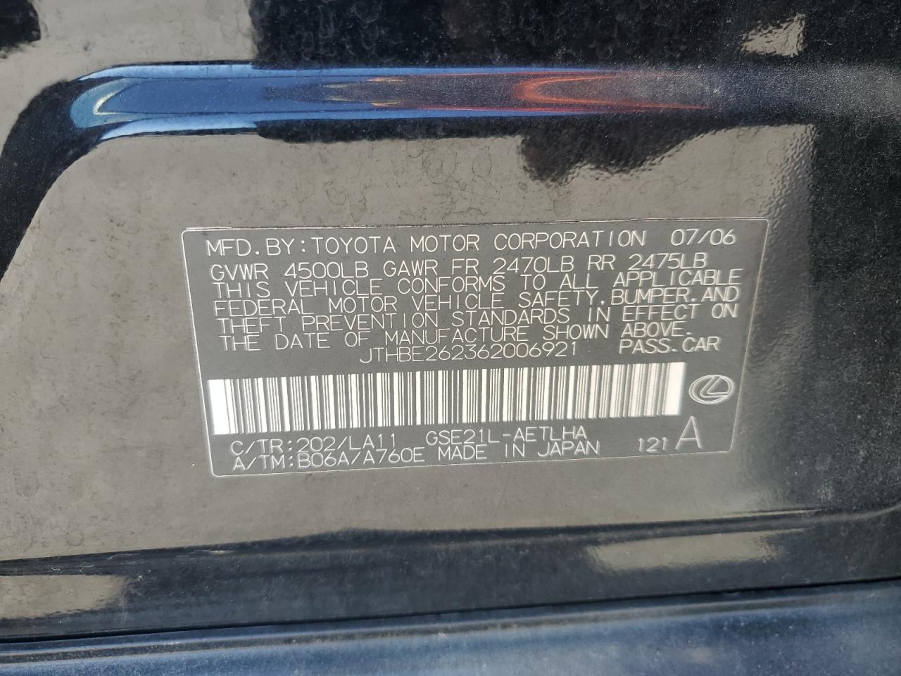 2006 Lexus Is 350 VIN: JTHBE262362006921 Lot: 92789465