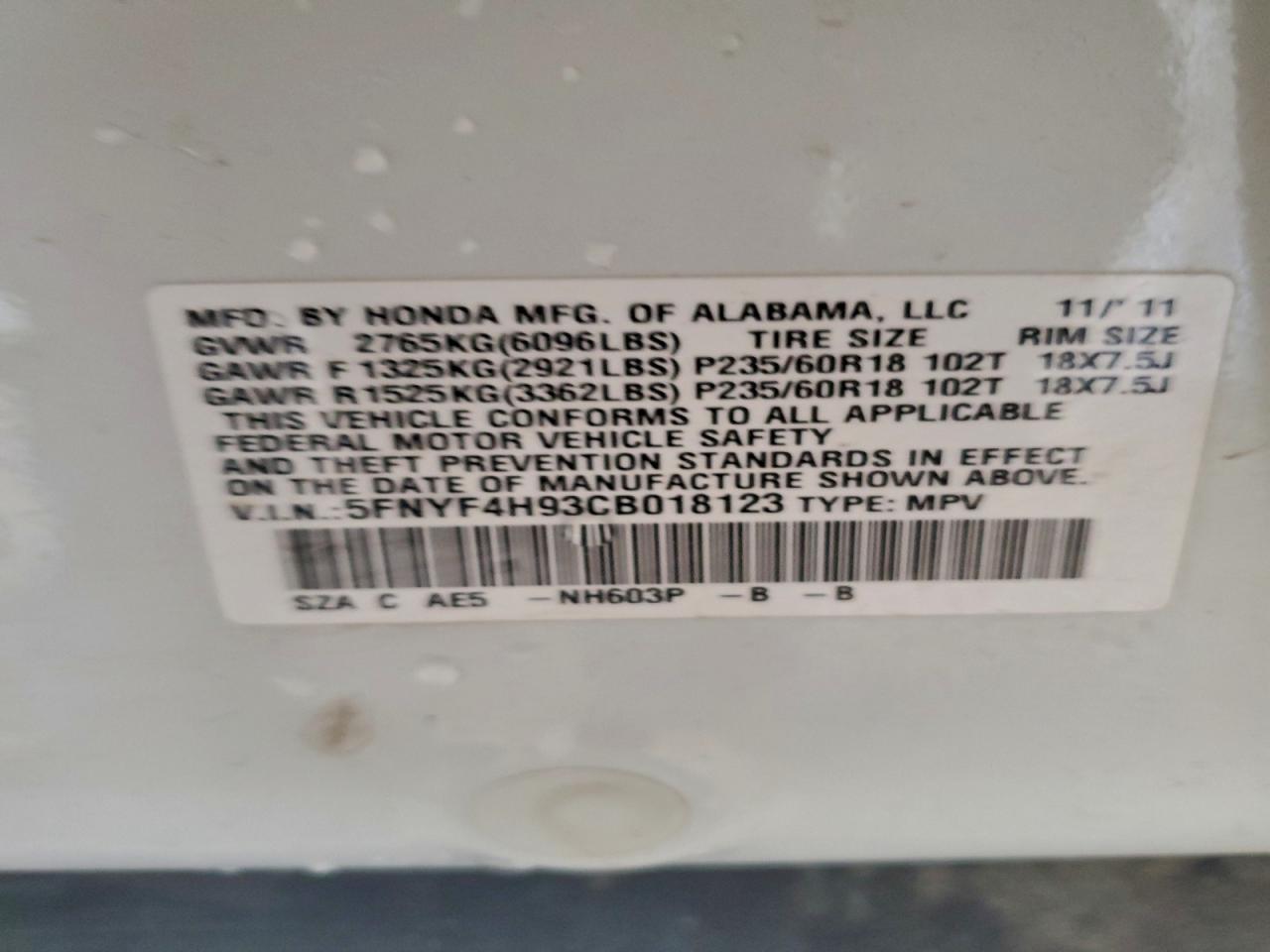 2012 Honda Pilot Touring VIN: 5FNYF4H93CB018123 Lot: 94458265