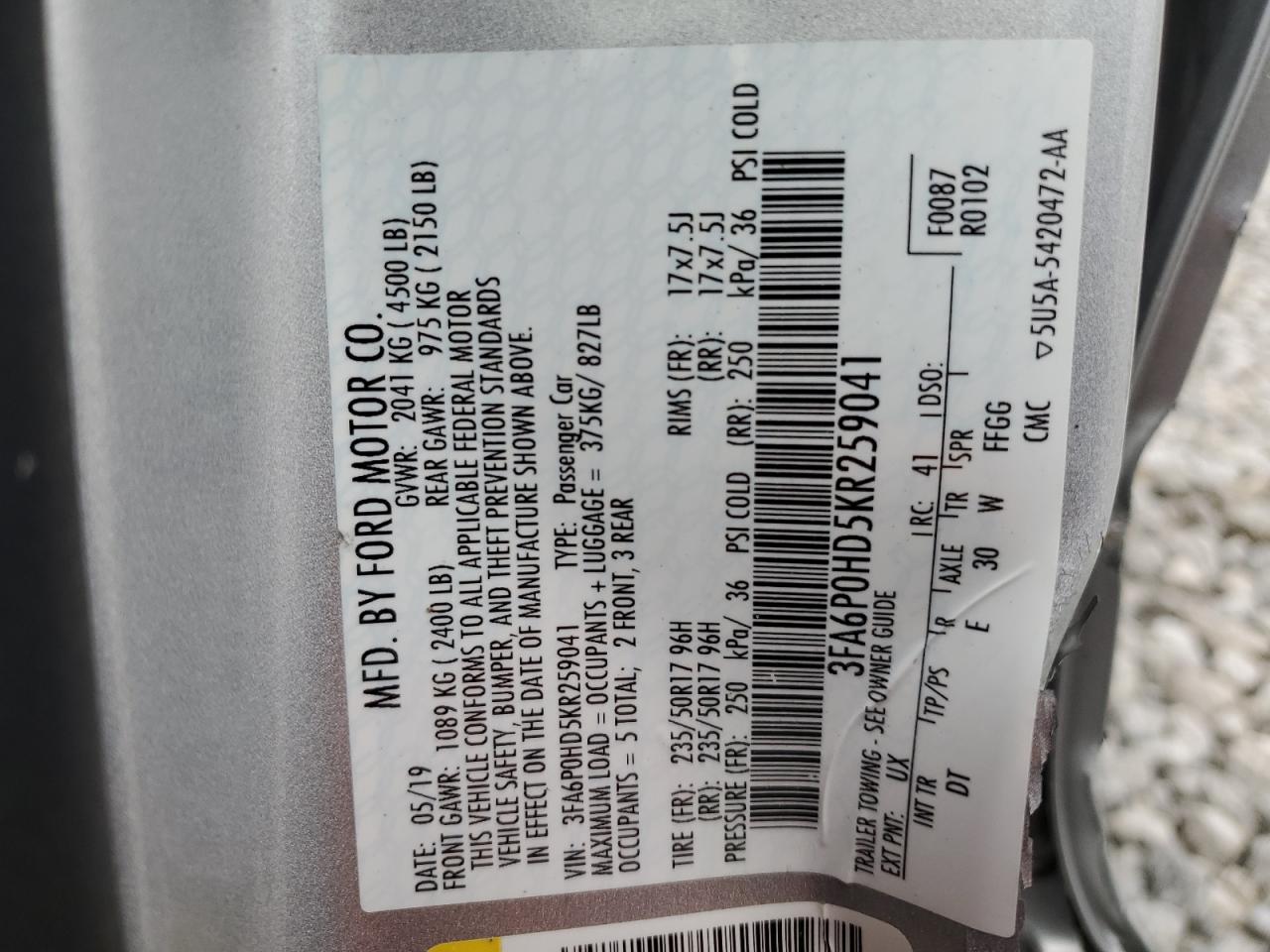 2019 Ford Fusion Se VIN: 3FA6P0HD5KR259041 Lot: 91259865