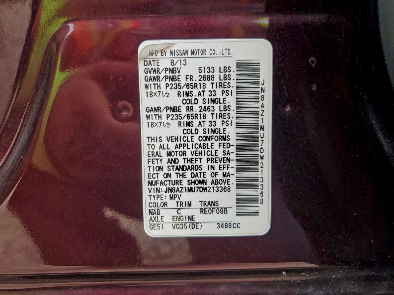 2013 Nissan Murano S VIN: JN8AZ1MU7DW213368 Lot: 94230275