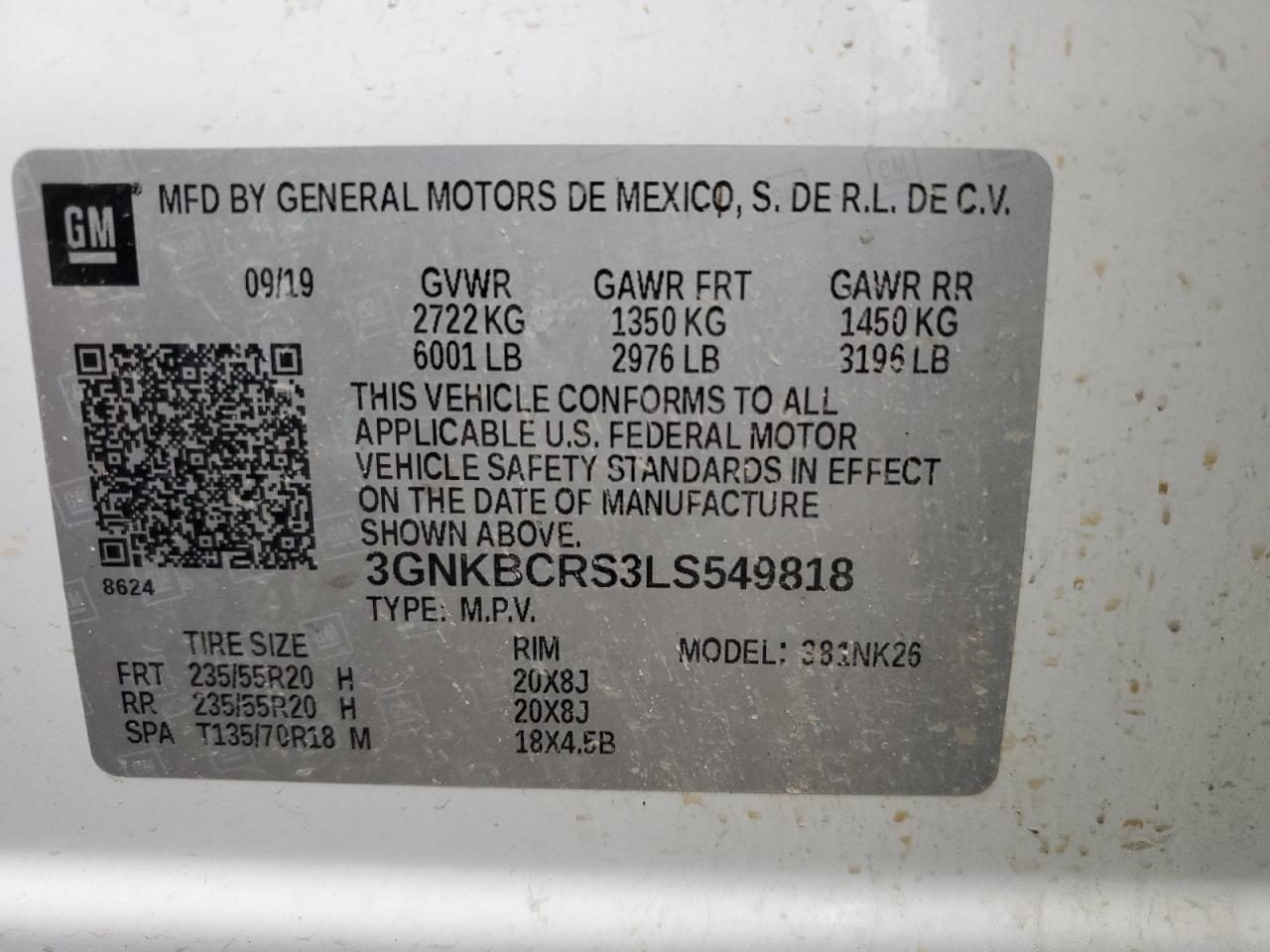 2020 Chevrolet Blazer 2Lt VIN: 3GNKBCRS3LS549818 Lot: 93139775