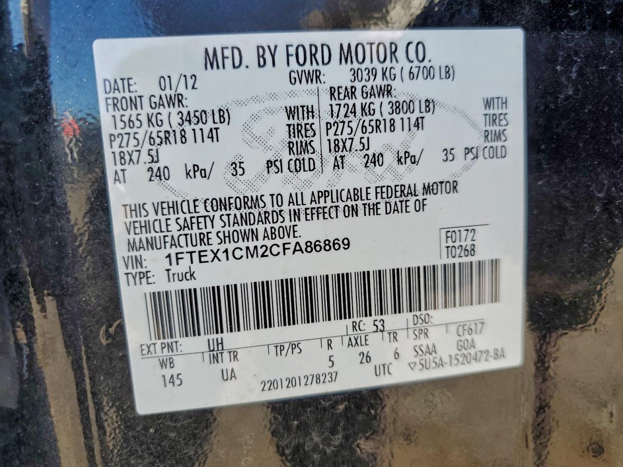 2012 Ford F150 Super Cab VIN: 1FTEX1CM2CFA86869 Lot: 94044065