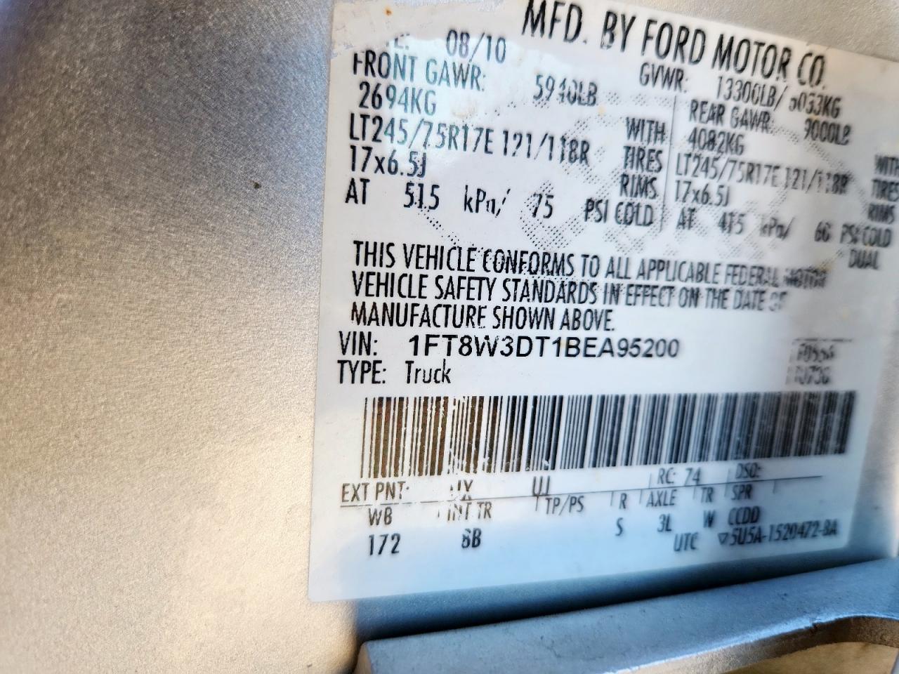 2011 Ford Super Duty F-350 W/D VIN: 1FT8W3DT1BEA95200 Lot: 86193505