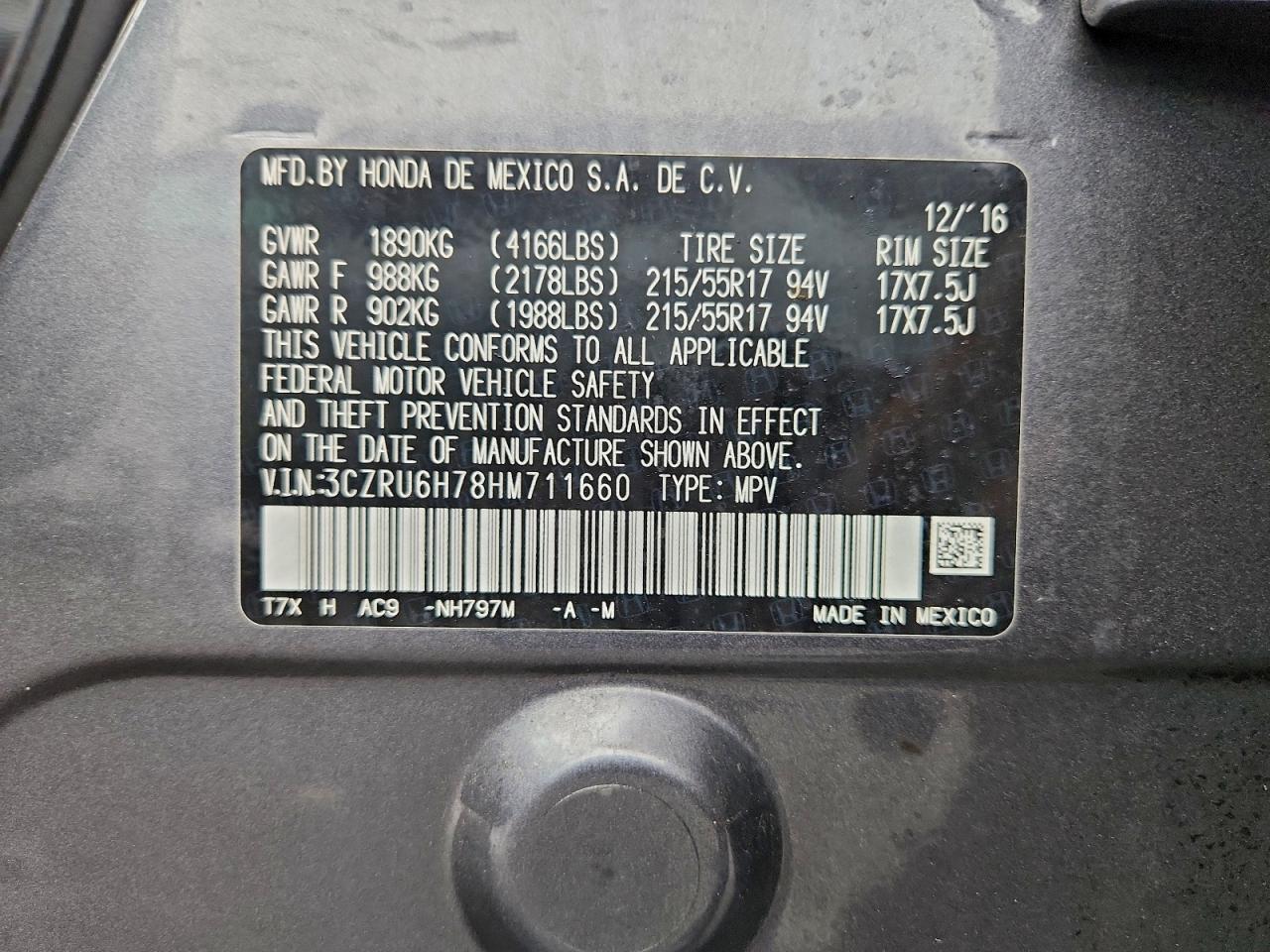 2017 Honda Hr-V Exl VIN: 3CZRU6H78HM711660 Lot: 93898035