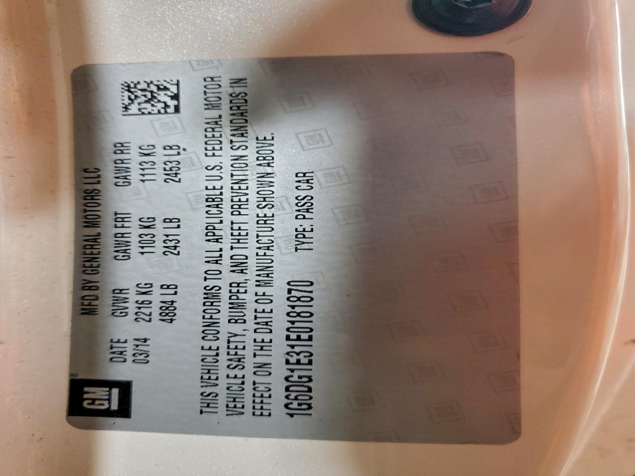 2014 Cadillac Cts Performance Collection VIN: 1G6DG1E31E0181870 Lot: 93756175