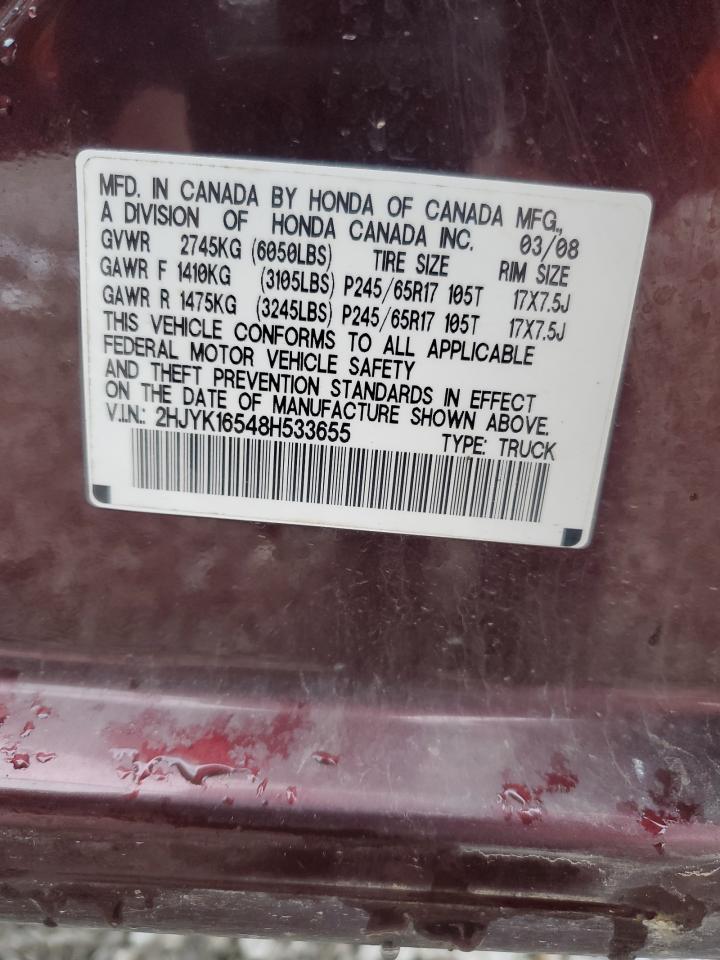 2008 Honda Ridgeline Rtl VIN: 2HJYK16548H533655 Lot: 91380295