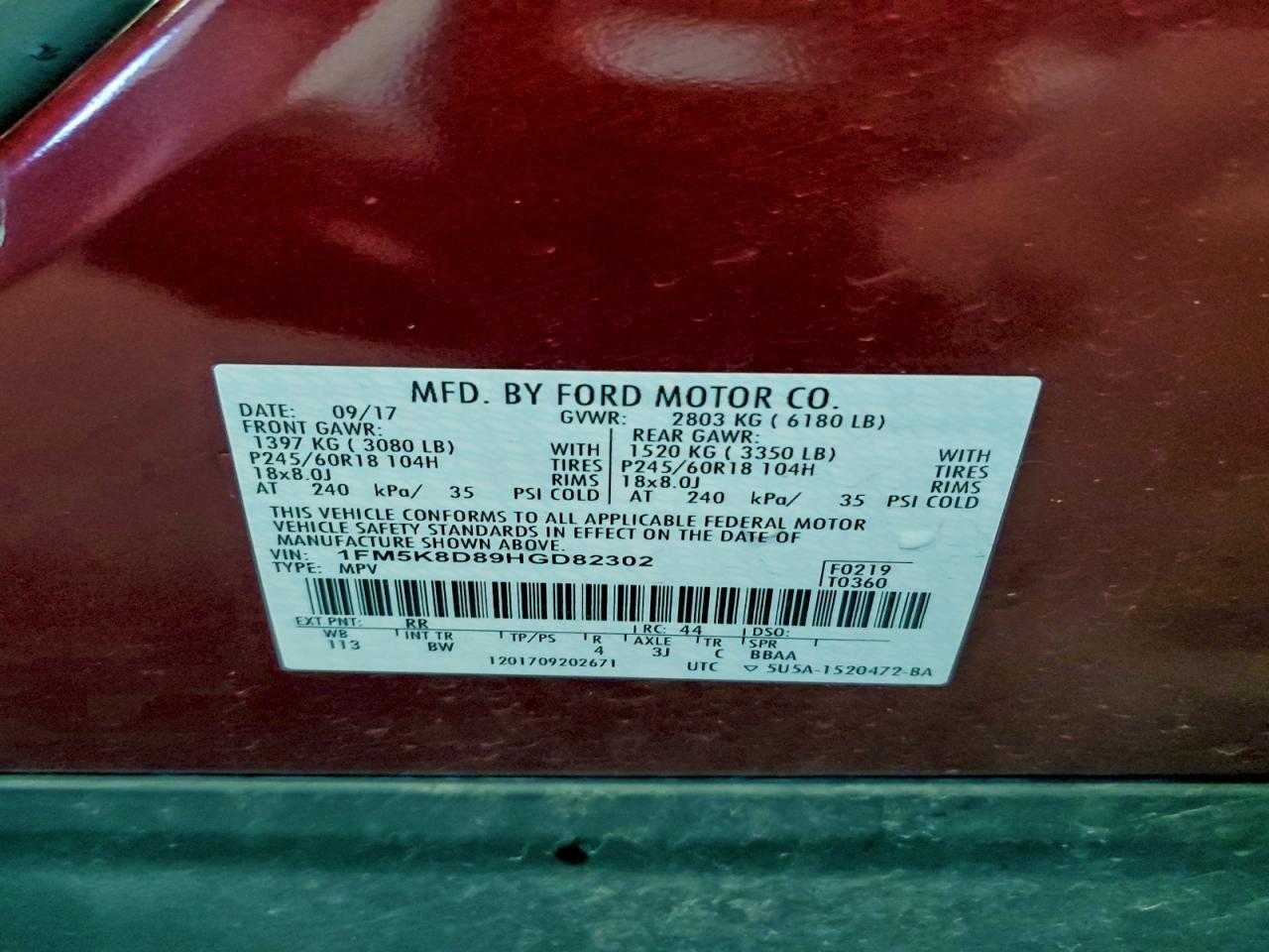 2017 Ford Explorer Xlt VIN: 1FM5K8D89HGD82302 Lot: 94095875