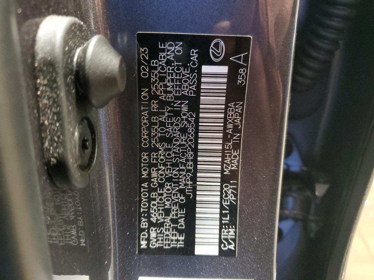 2023 Lexus Ux 250H Premium VIN: JTHP9JBH8P2068542 Lot: 93529995