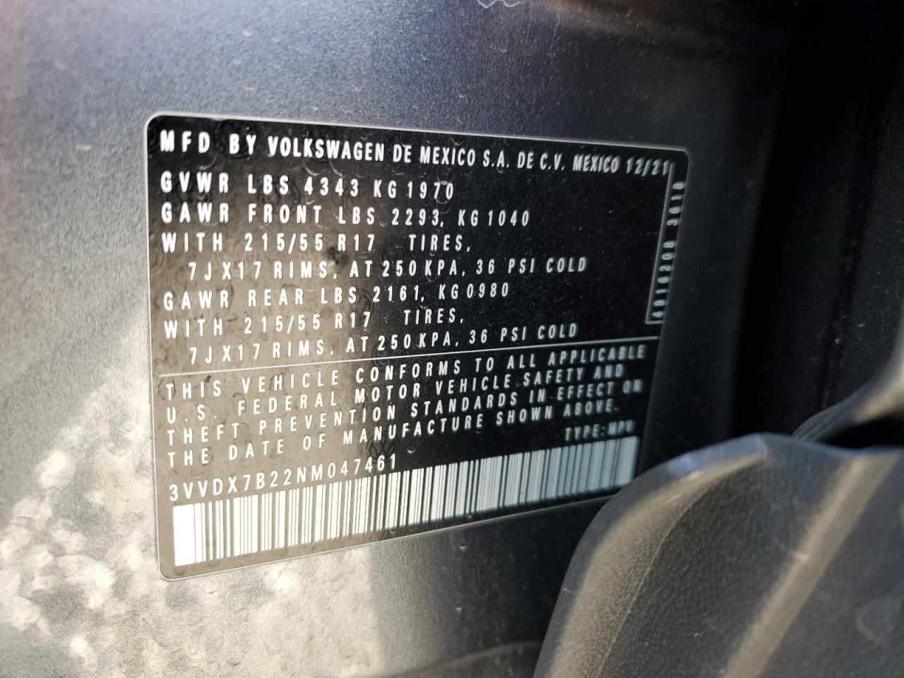 2022 Volkswagen Taos S VIN: 3VVDX7B22NM047461 Lot: 90823865