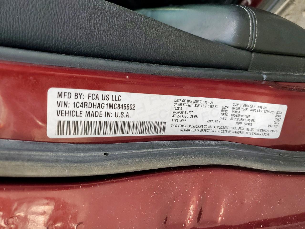 2021 Dodge Durango Sxt VIN: 1C4RDHAG1MC846602 Lot: 93957465