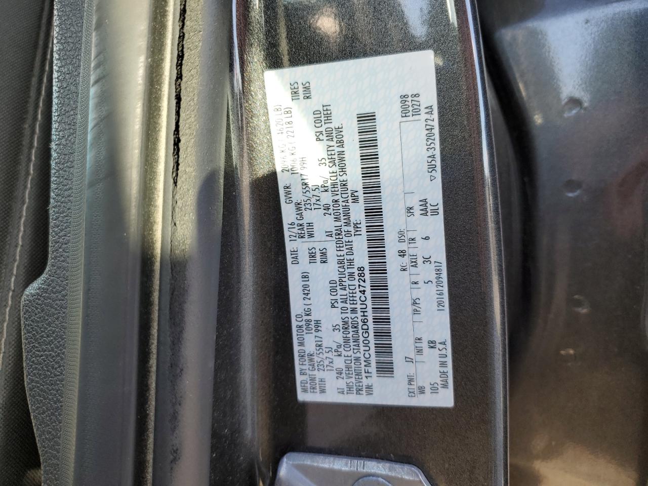 2017 Ford Escape Se VIN: 1FMCU0GD6HUC47288 Lot: 92498175