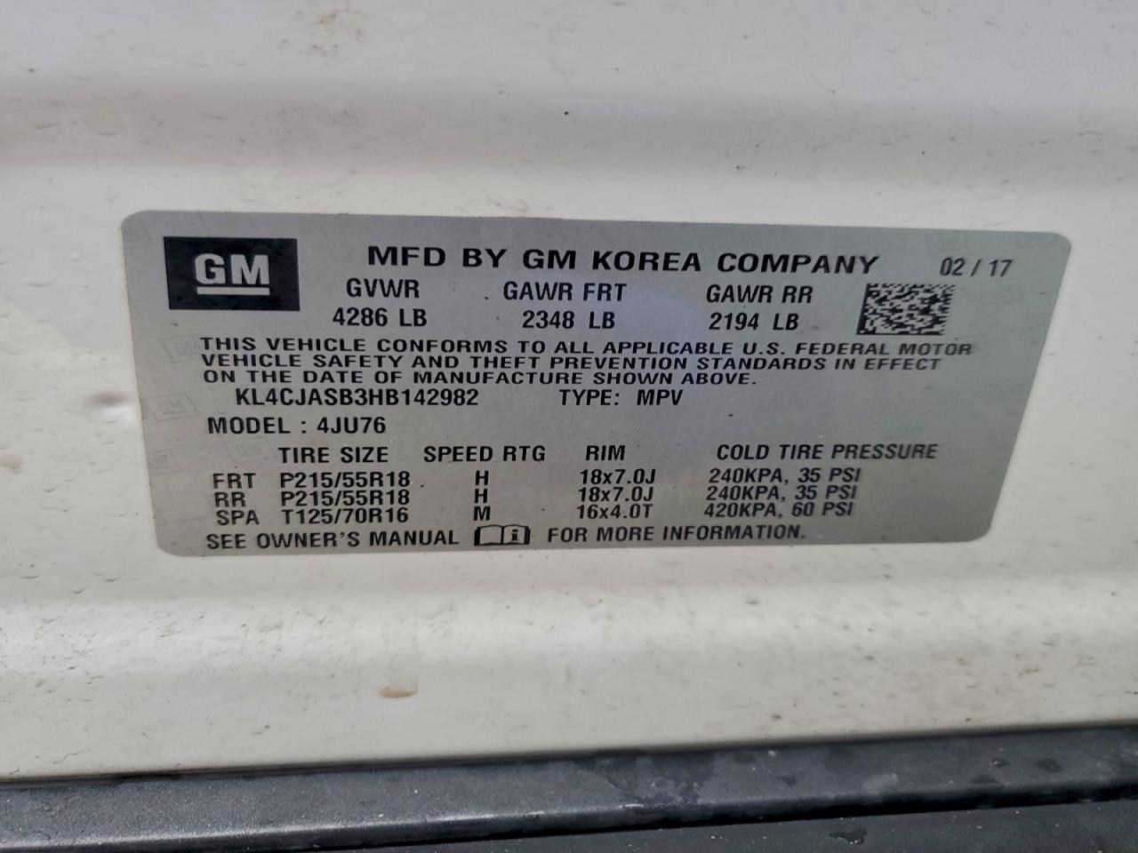 2017 Buick Encore Preferred VIN: KL4CJASB3HB142982 Lot: 94456915