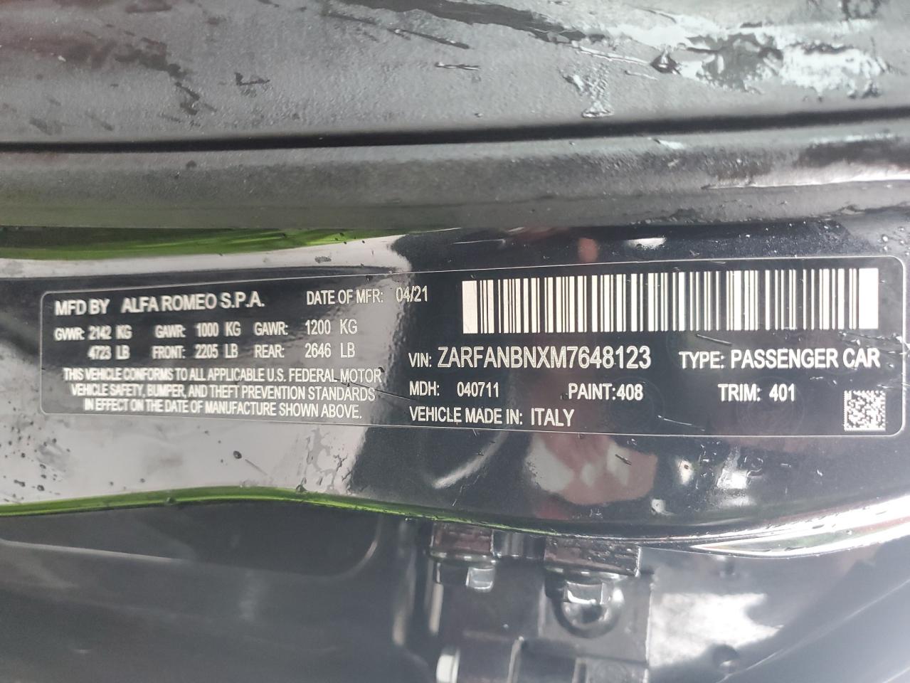 2021 Alfa Romeo Giulia Ti VIN: ZARFANBNXM7648123 Lot: 92026955