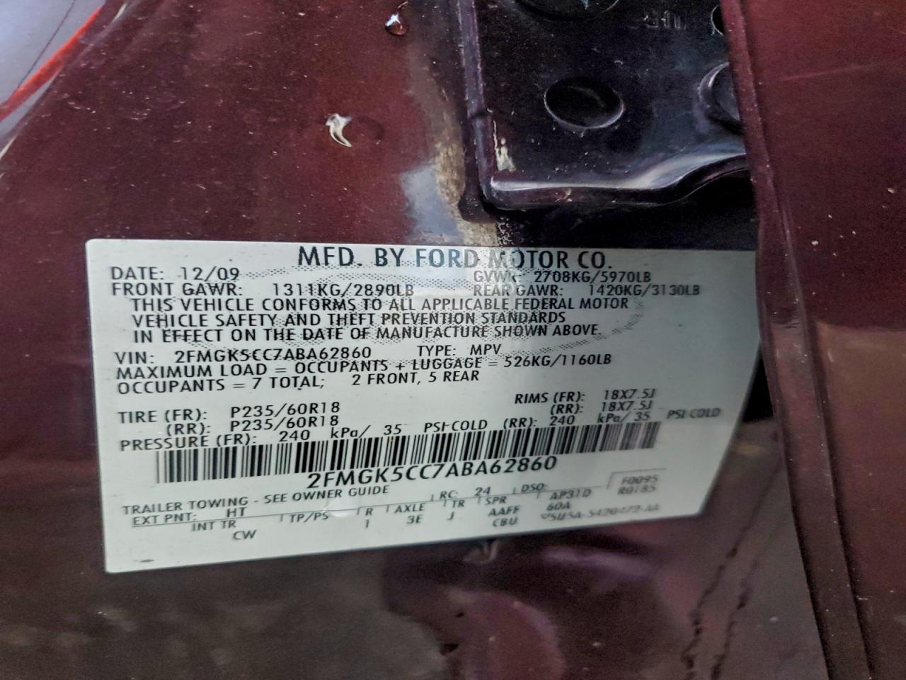 2010 Ford Flex Sel VIN: 2FMGK5CC7ABA62860 Lot: 94369885