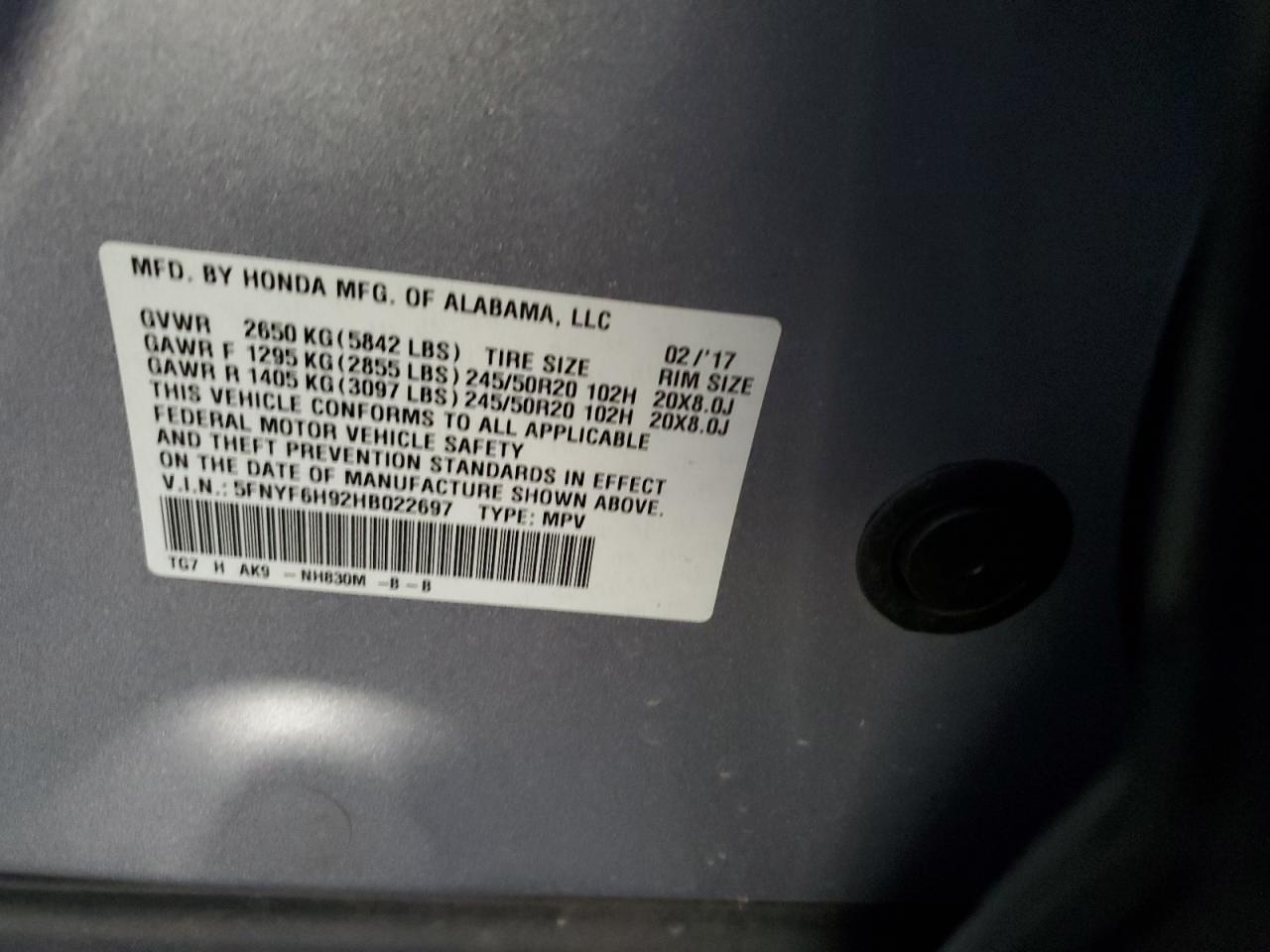 2017 Honda Pilot Touring VIN: 5FNYF6H92HB022697 Lot: 91243865