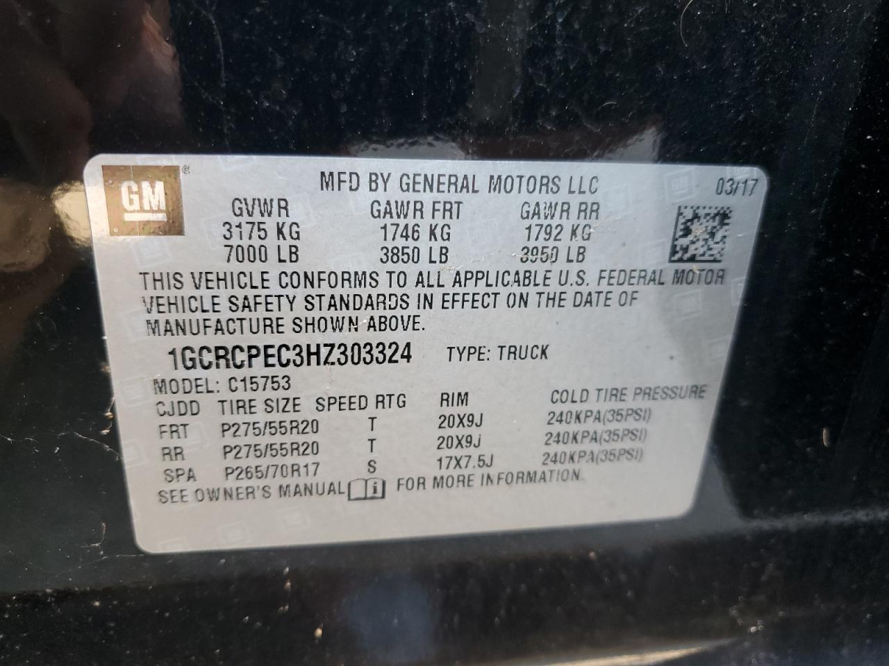 2017 Chevrolet Silverado C1500 Custom VIN: 1GCRCPEC3HZ303324 Lot: 93550695