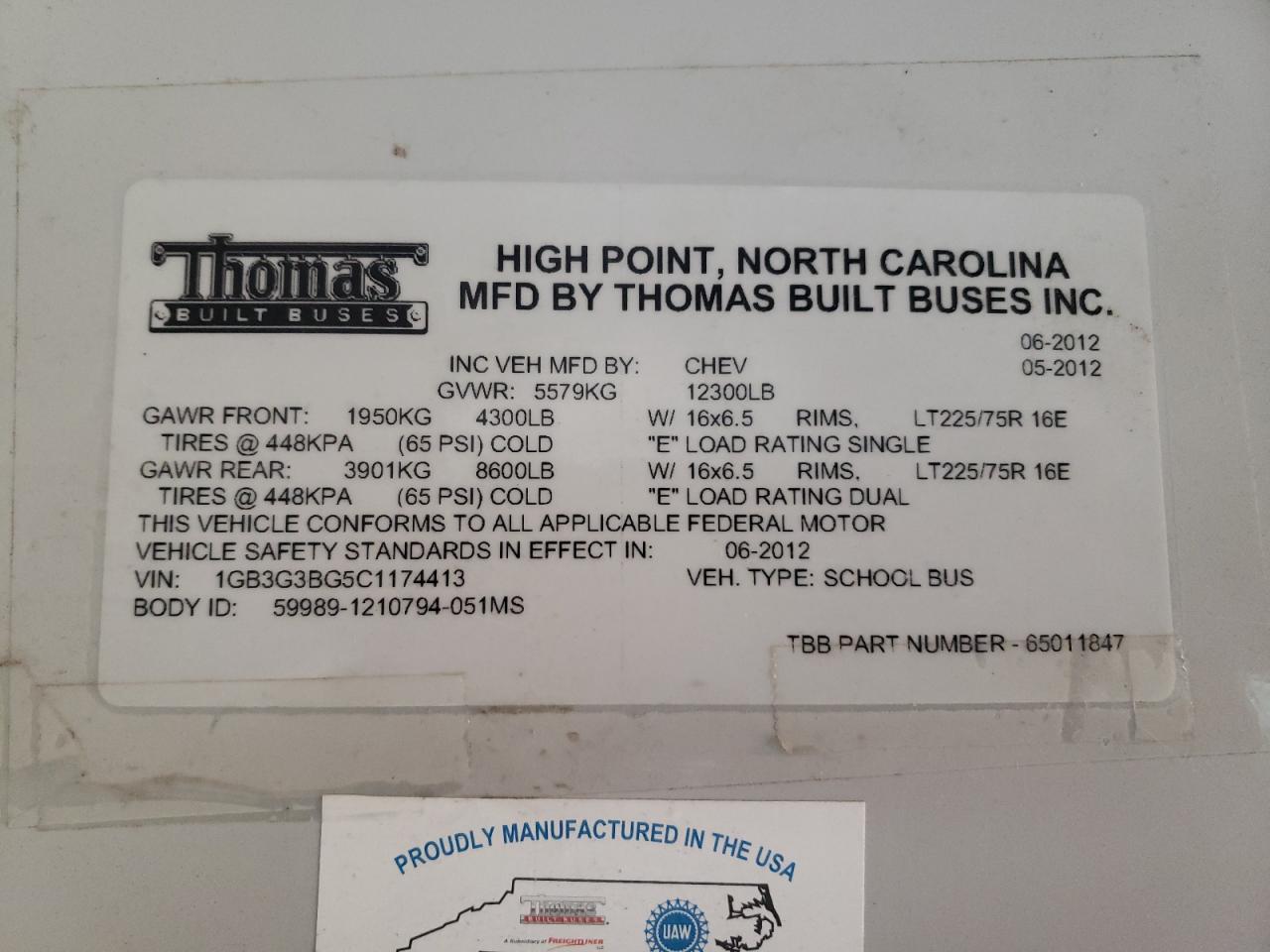 2012 Thomas Minotour G3500 - School Bus VIN: 1GB3G3BG5C1174413 Lot: 92332515