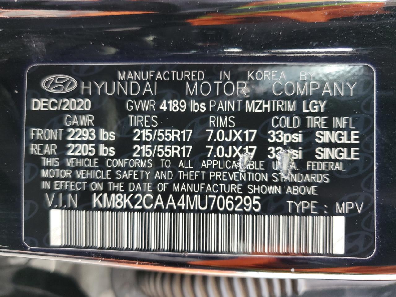 2021 Hyundai Kona Sel VIN: KM8K2CAA4MU706295 Lot: 92535275