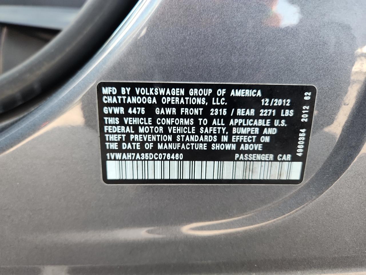 2013 Volkswagen Passat S VIN: 1VWAH7A35DC076460 Lot: 93305075