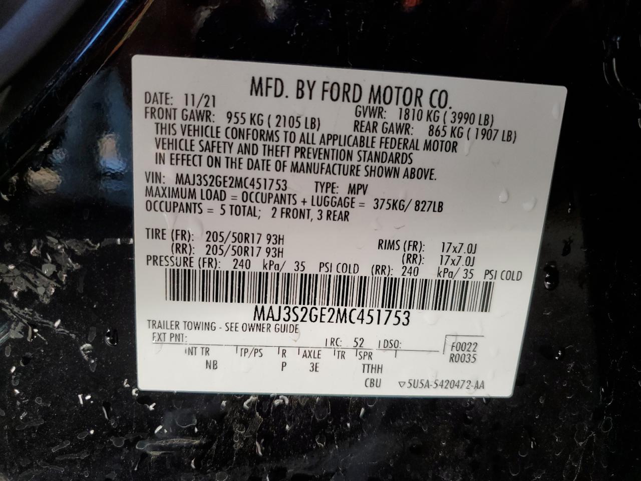 2021 Ford Ecosport Se VIN: MAJ3S2GE2MC451753 Lot: 93140635