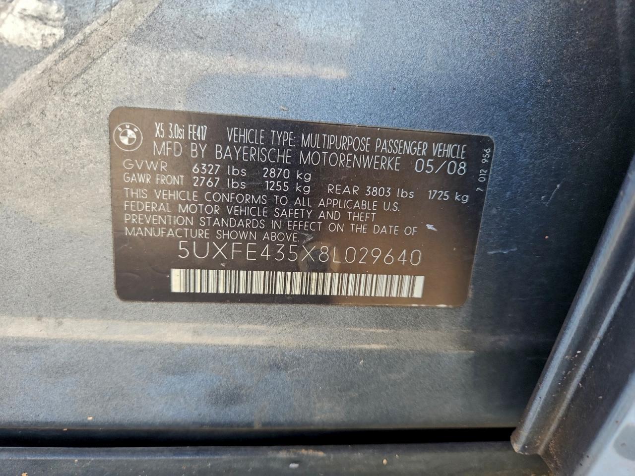 2008 BMW X5 3.0I VIN: 5UXFE435X8L029640 Lot: 94579445