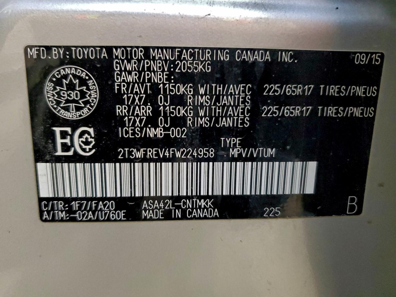 2015 Toyota Rav4 Xle VIN: 2T3WFREV4FW224958 Lot: 90739595