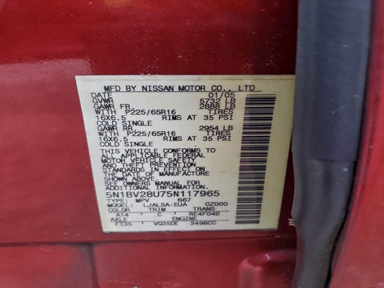 2005 Nissan Quest S VIN: 5N1BV28U75N117965 Lot: 94198645