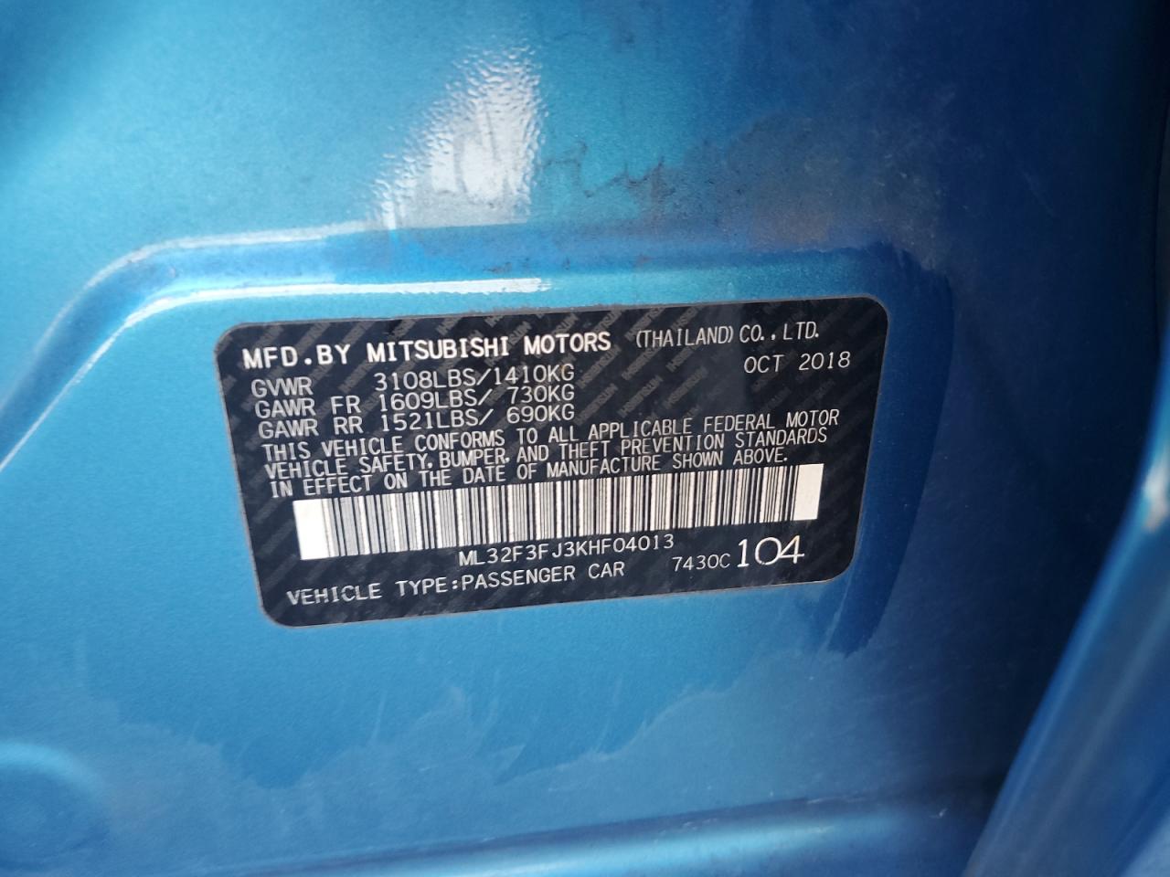 2019 Mitsubishi Mirage G4 Es VIN: ML32F3FJ3KHF04013 Lot: 92276605