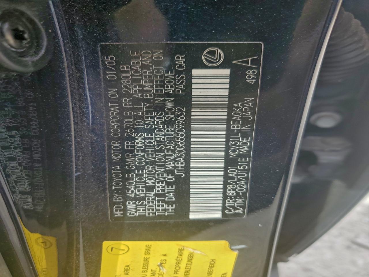 2005 Lexus Es 330 VIN: JTHBA30G655099632 Lot: 94368465