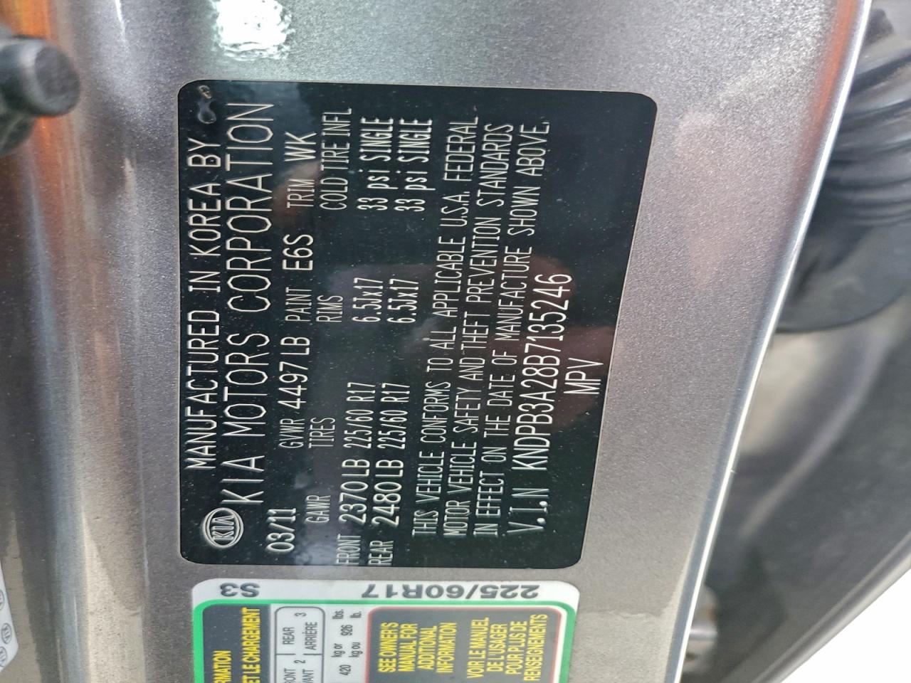 2011 Kia Sportage Lx VIN: KNDPB3A28B7135246 Lot: 92182455