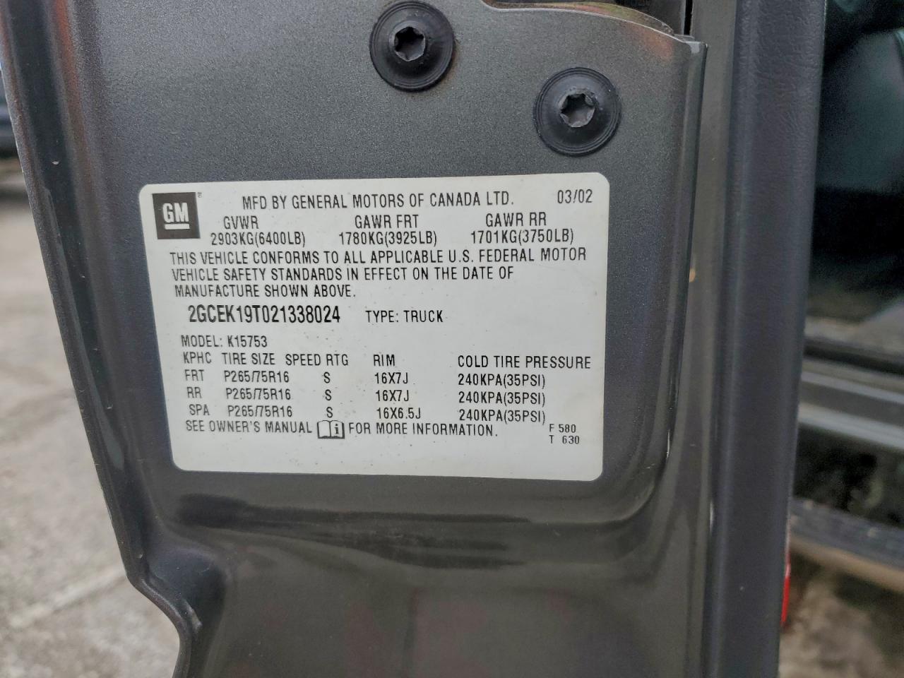 2002 Chevrolet Silverado K1500 VIN: 2GCEK19T021338024 Lot: 94480745