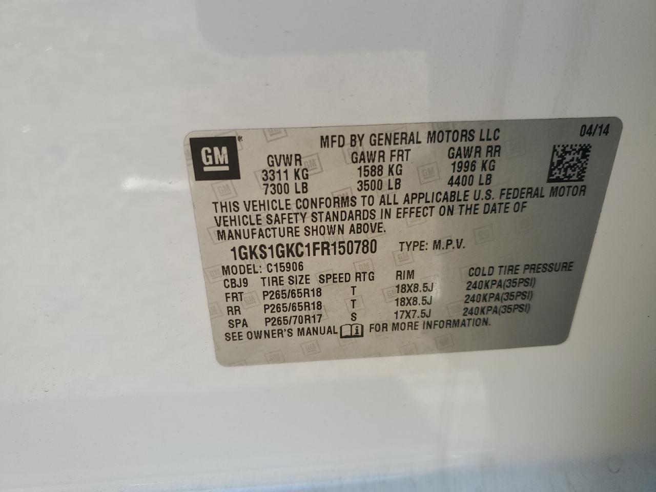 2015 GMC Yukon Xl C1500 Sle VIN: 1GKS1GKC1FR150780 Lot: 92166165