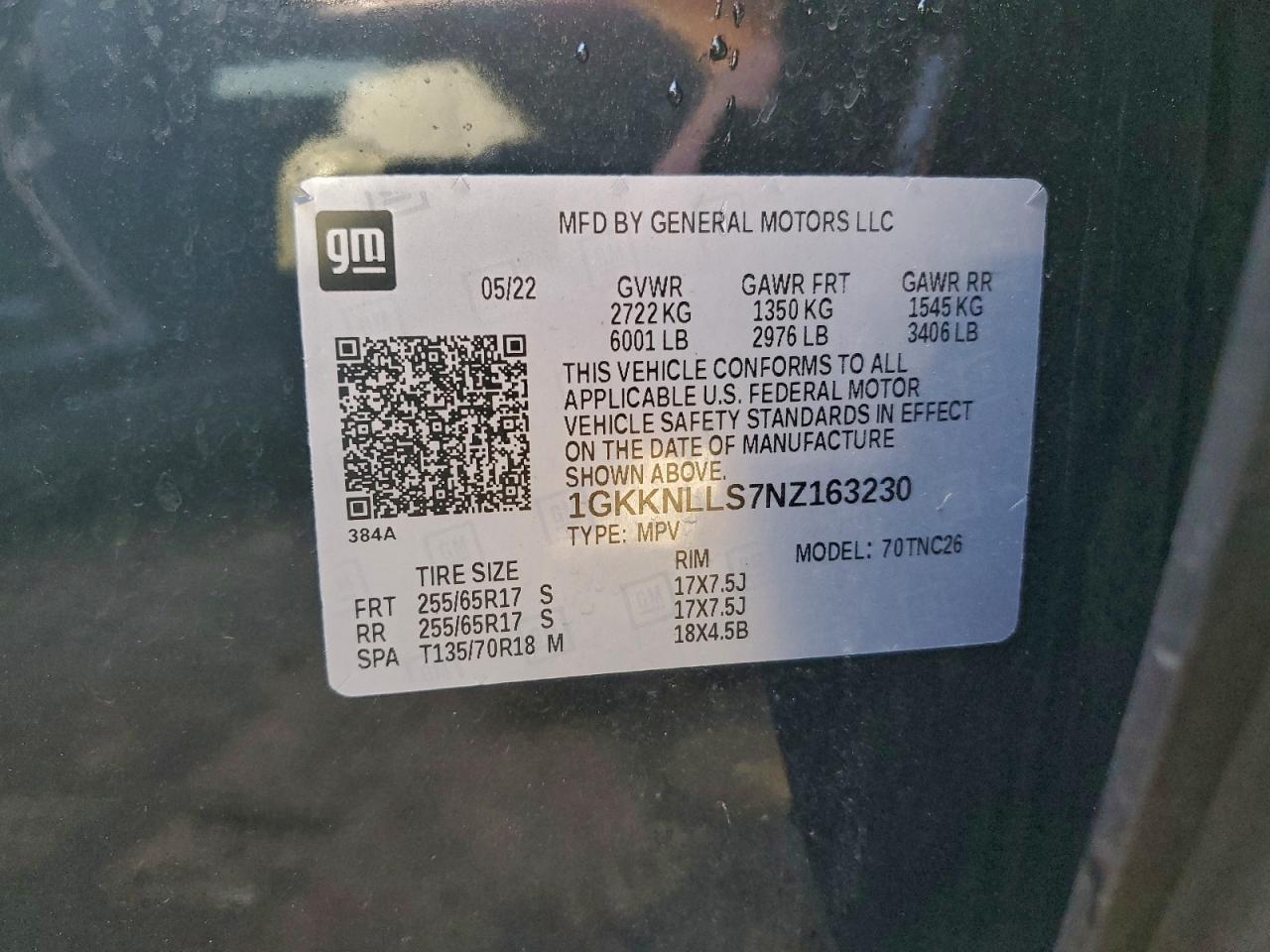 2022 GMC Acadia At4 VIN: 1GKKNLLS7NZ163230 Lot: 94109625