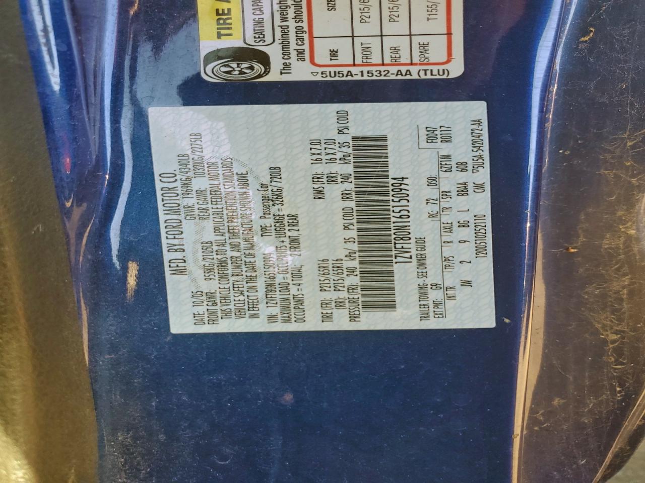 2006 Ford Mustang VIN: 1ZVFT80N165150994 Lot: 93340995