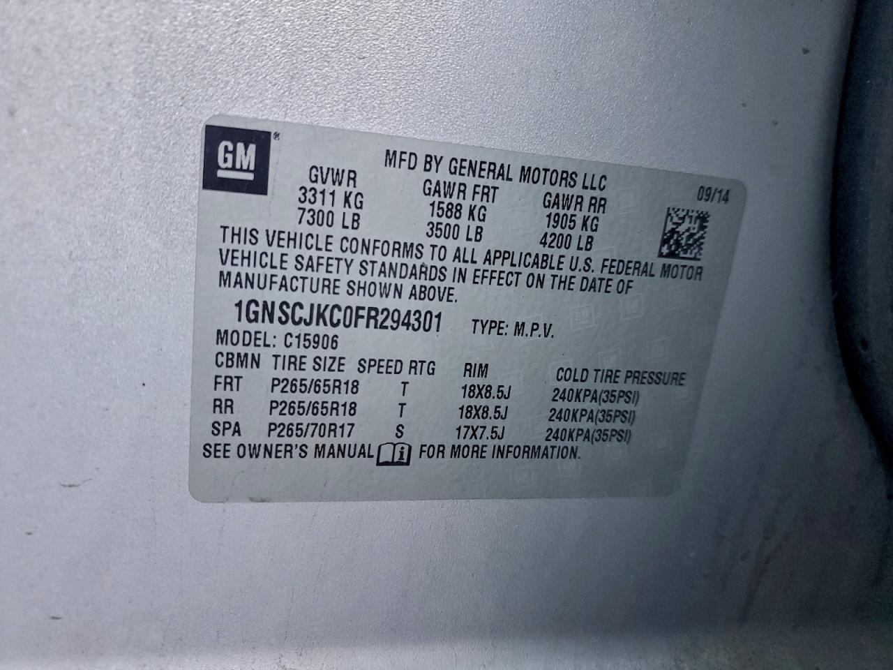 2015 Chevrolet Suburban C1500 Lt VIN: 1GNSCJKC0FR294301 Lot: 94177935