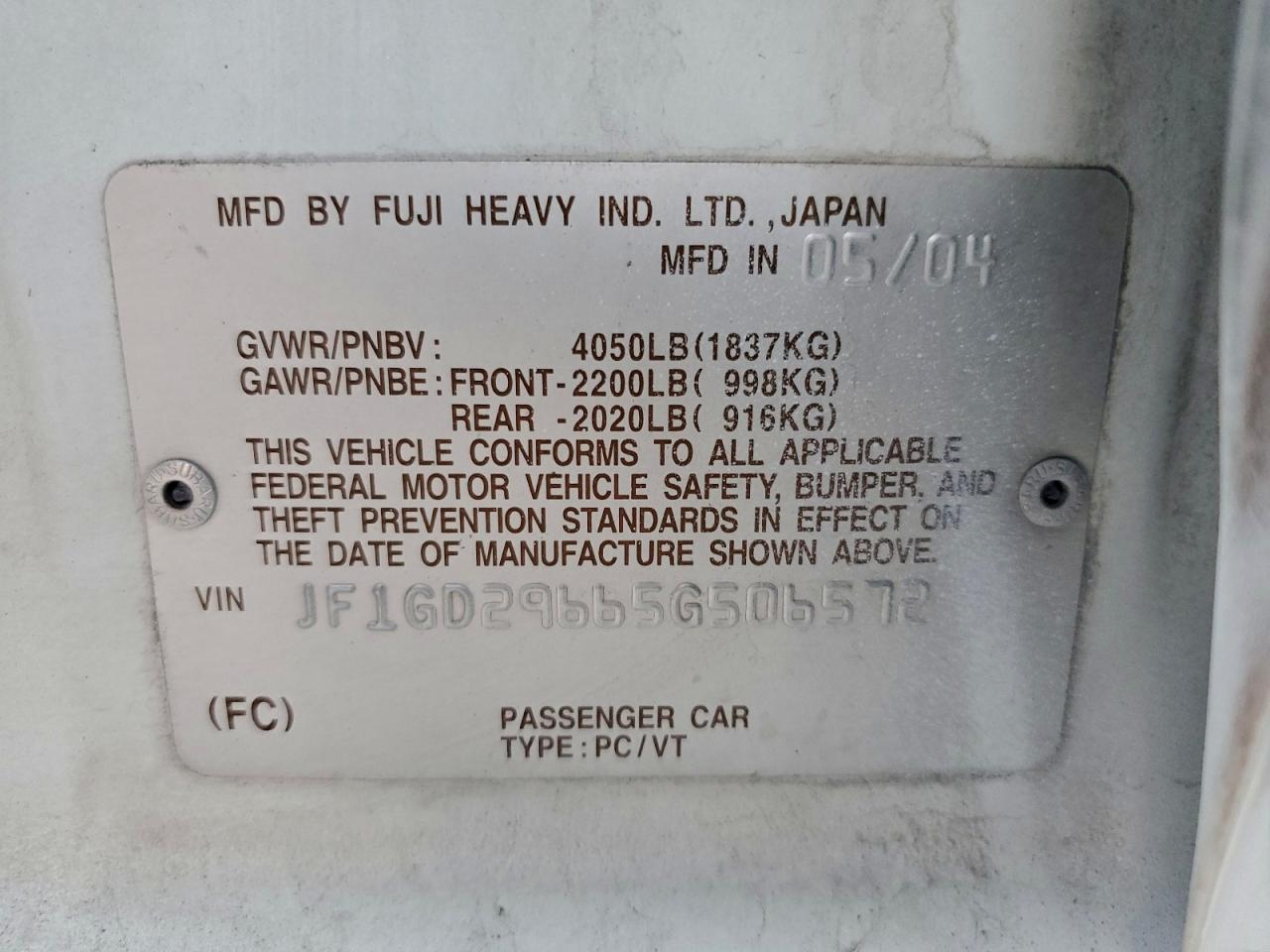 2005 Subaru Impreza Wrx VIN: JF1GD29665G506572 Lot: 94174305