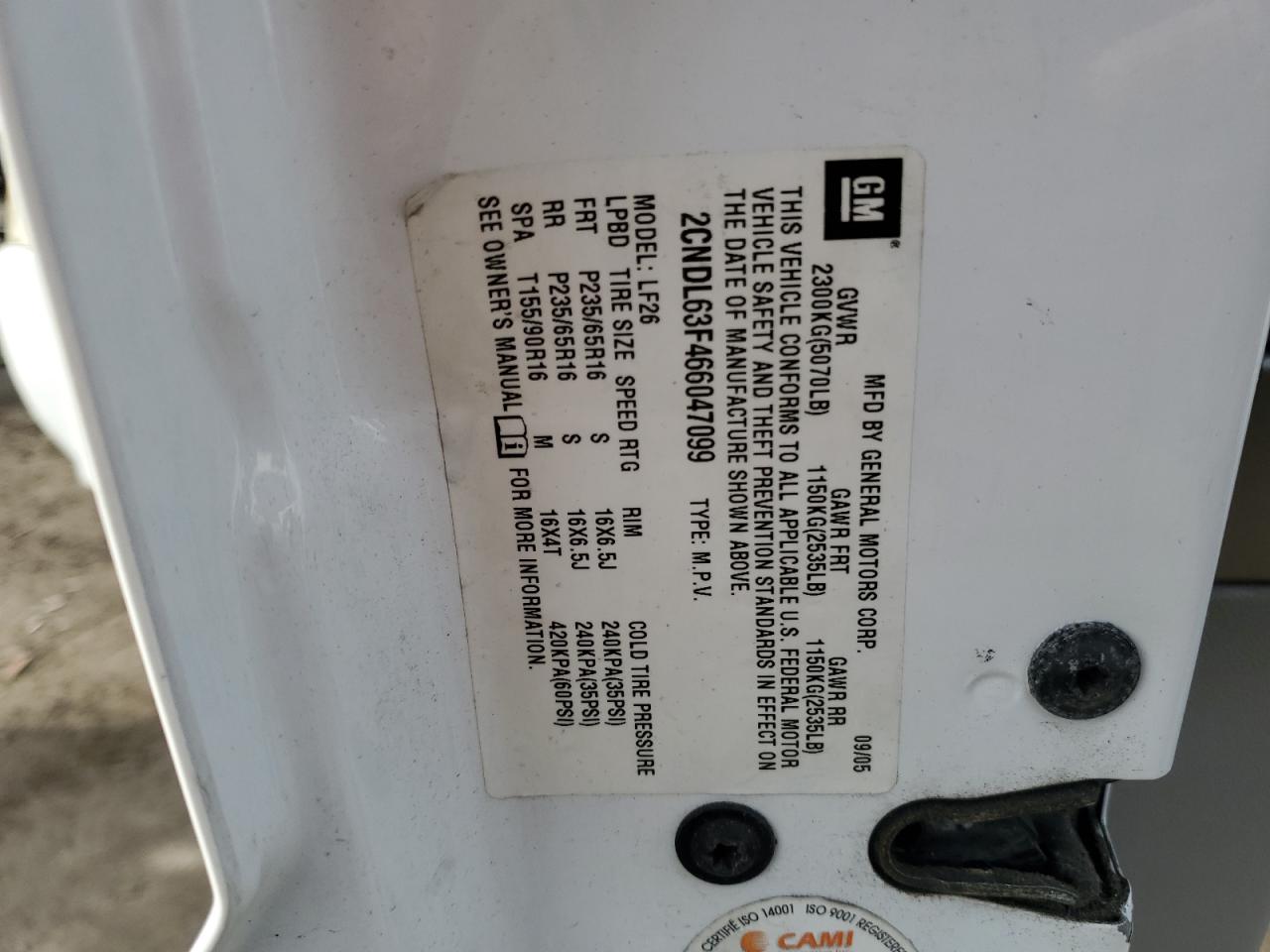 2006 Chevrolet Equinox Lt VIN: 2CNDL63F466047099 Lot: 93465825