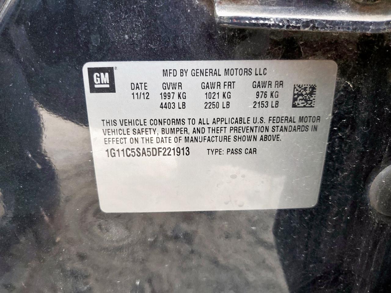 2013 Chevrolet Malibu 1Lt VIN: 1G11C5SA5DF221913 Lot: 93277585