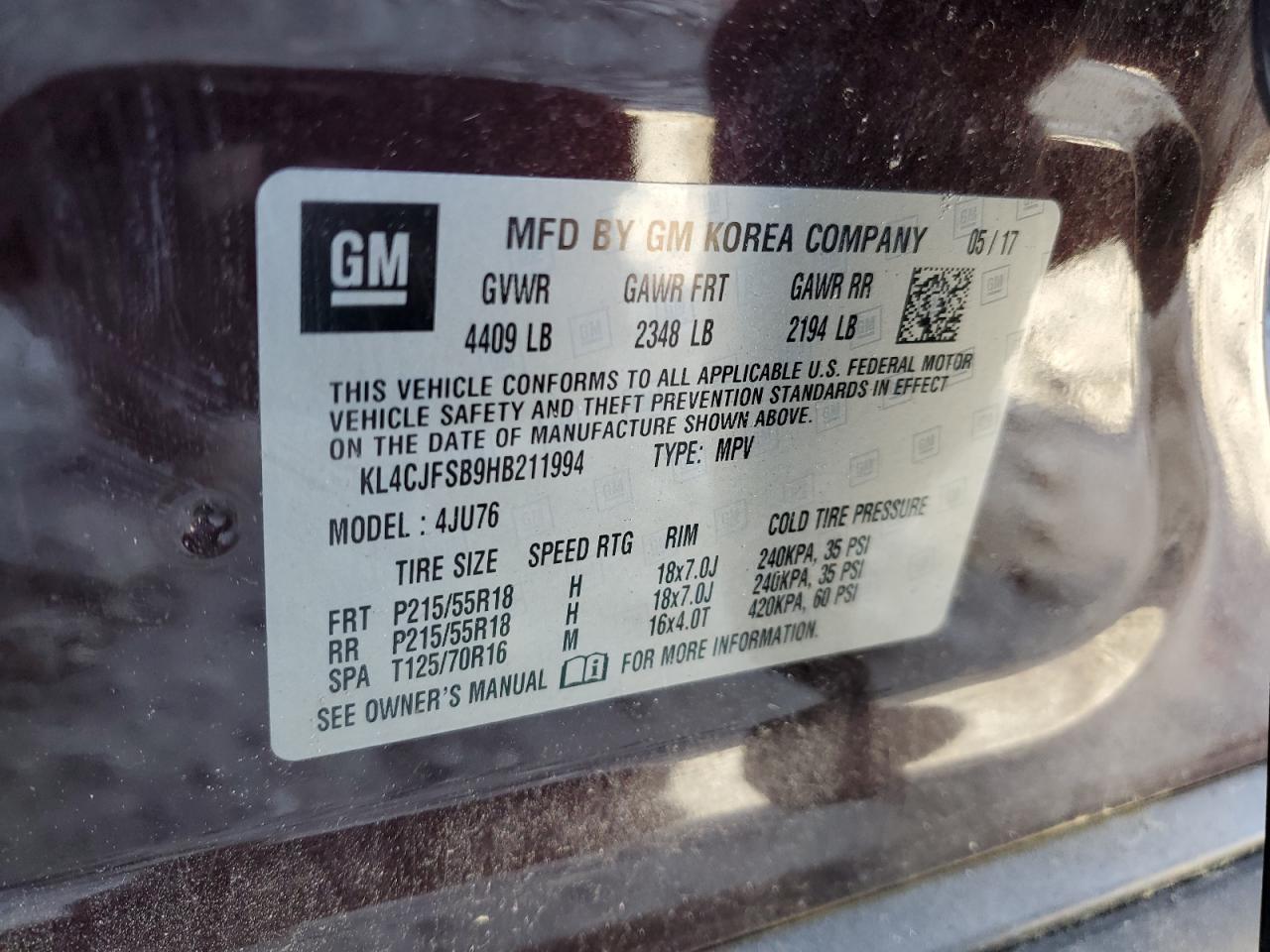 2017 Buick Encore Preferred Ii VIN: KL4CJFSB9HB211994 Lot: 92255205