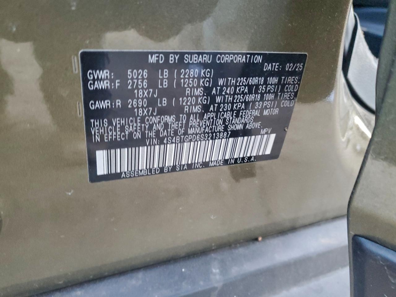 2025 Subaru Outback Touring VIN: 4S4BTGPD6S3213887 Lot: 94310405