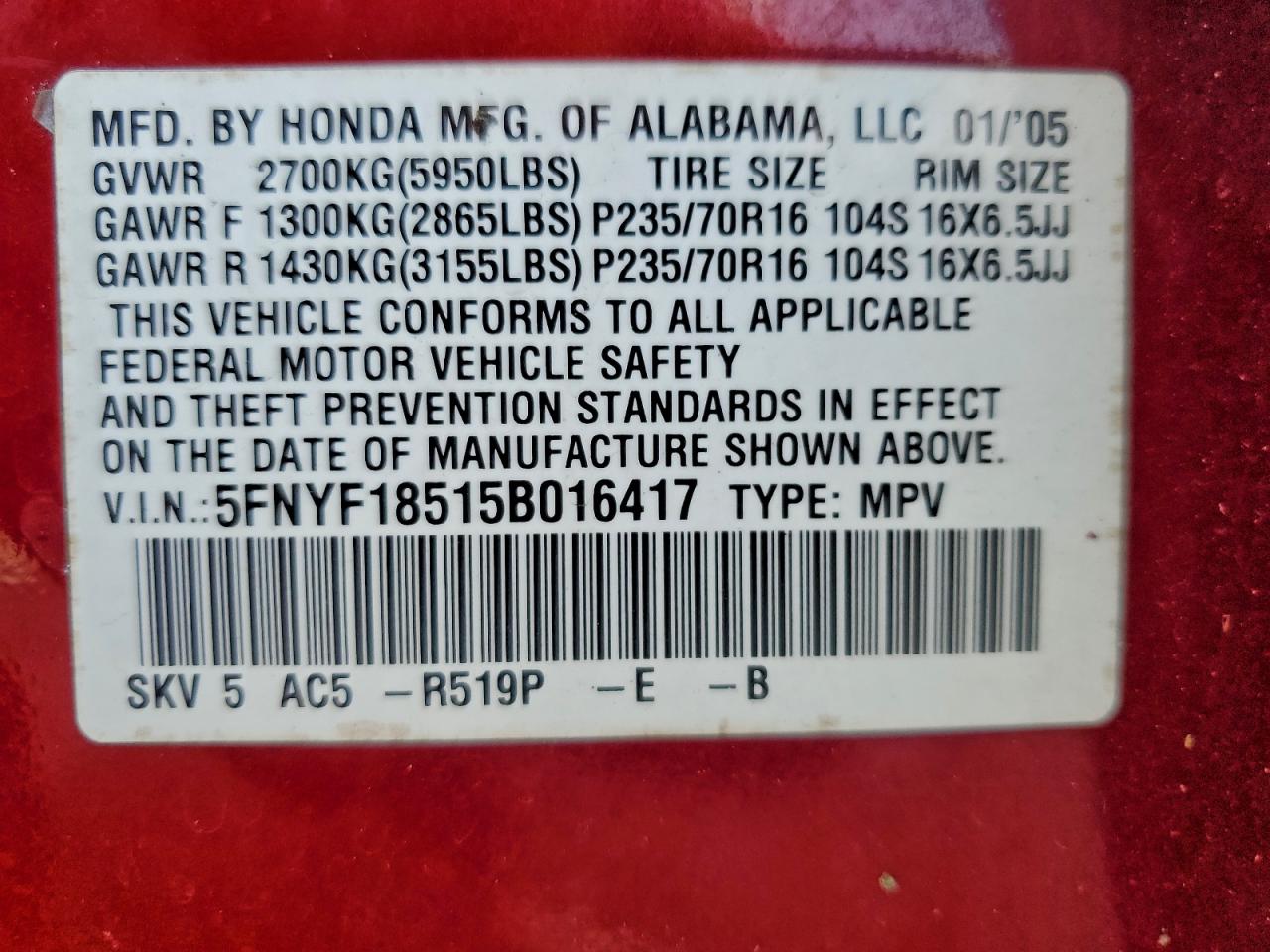 2005 Honda Pilot Exl VIN: 5FNYF18515B016417 Lot: 94454605