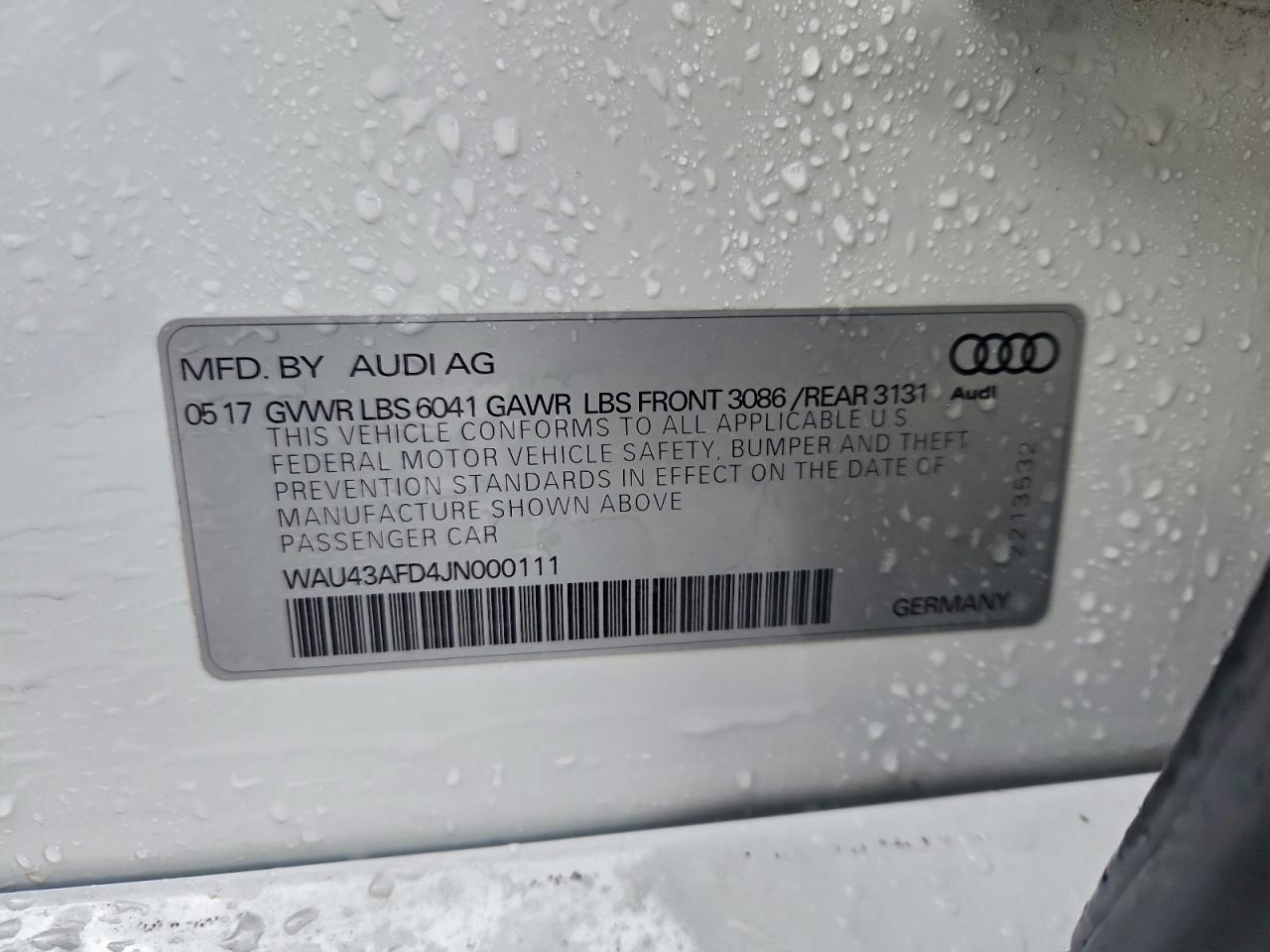 2018 Audi A8 L Quattro VIN: WAU43AFD4JN000111 Lot: 94344325