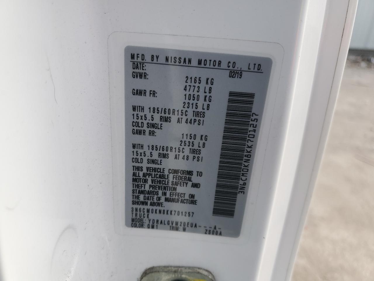 2019 Nissan Nv200 2.5S VIN: 3N6CM0KN8KK701257 Lot: 92884575