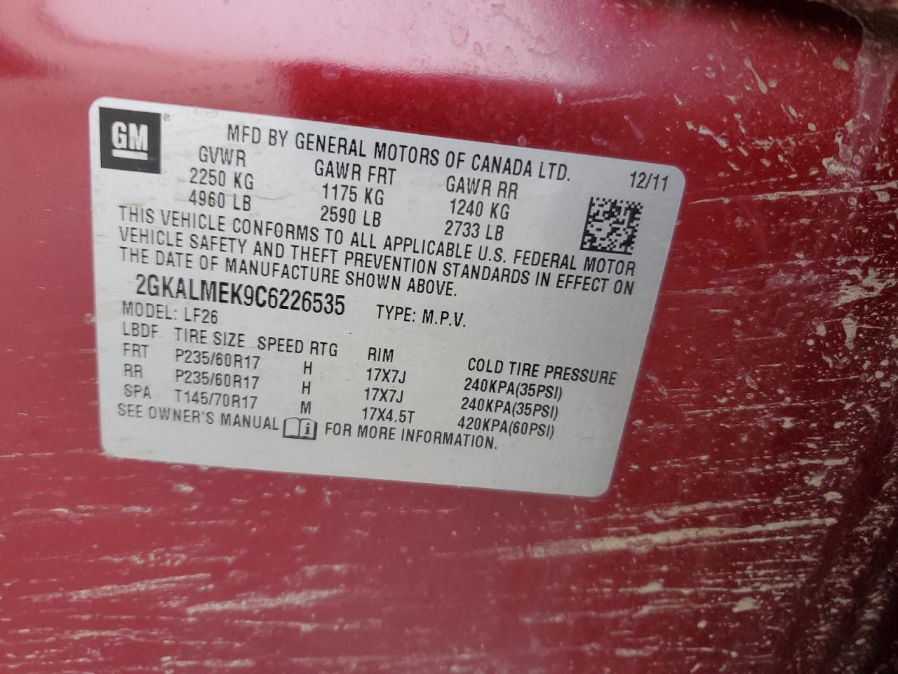 2012 GMC Terrain Sle VIN: 2GKALMEK9C6226535 Lot: 93863395