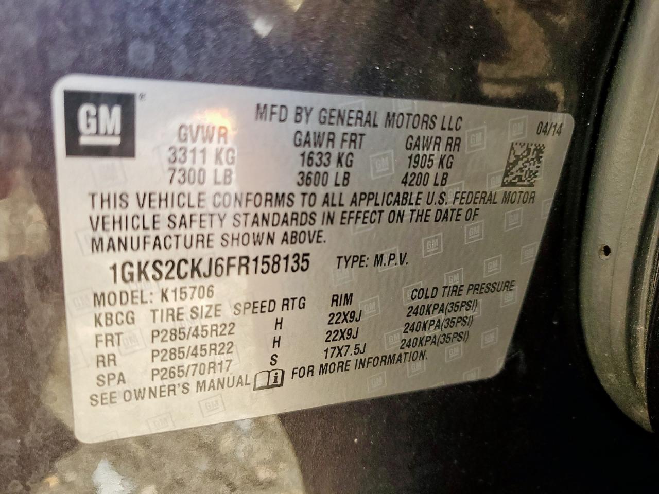 2015 GMC Yukon Denali VIN: 1GKS2CKJ6FR158135 Lot: 89894985